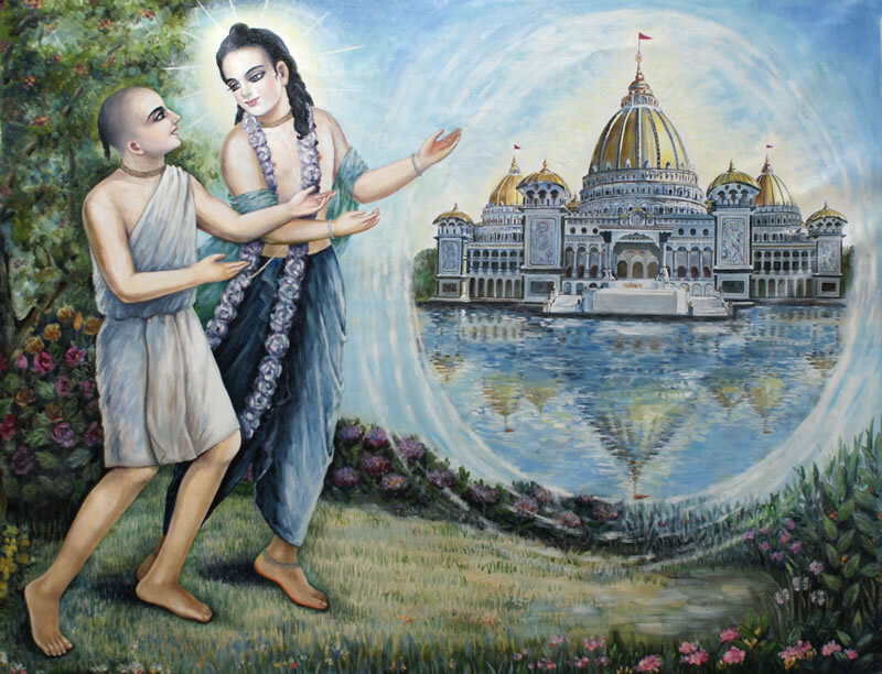 A devotional painting of Nityananda Prabhu leading the young Jiva Goswami toward a golden temple rising from a lotus, illustrating his first pilgrimage to Navadwipa-dhama.