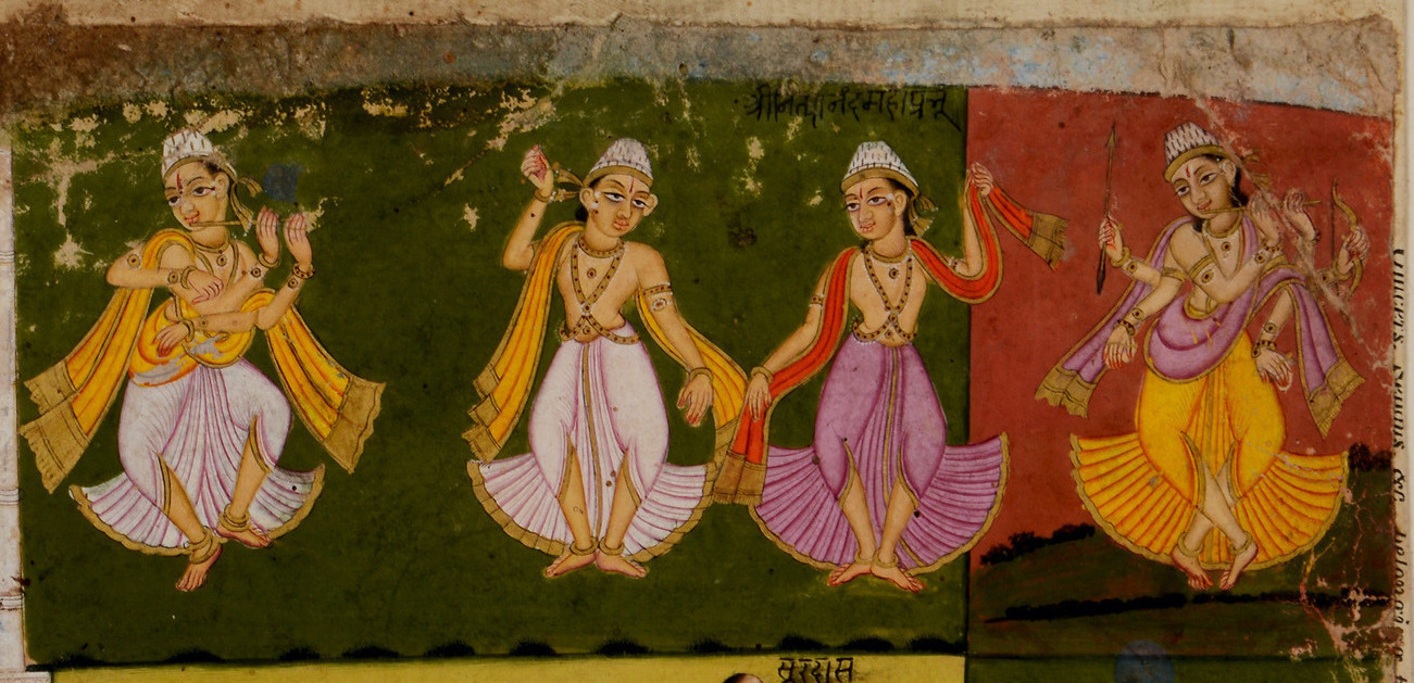 A late-18th-century Bhaktamala manuscript illustration from Bundelkhand showing Sri Nityananda Mahaprabhu (labelled in the inscription) dancing in kirtana with companions — chosen for this page because Kaliya Krishna Dasa's entire recorded 