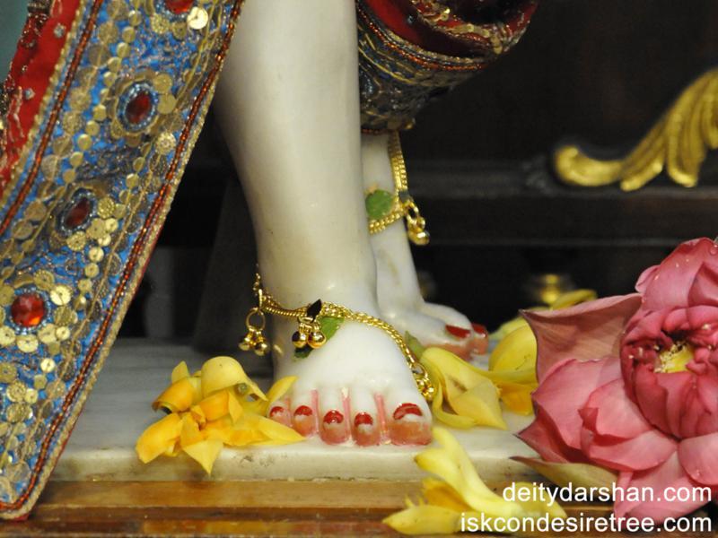 A close-up devotional photograph of Deity feet decorated with flower petals and jewelled anklets, used on gaudiyahistory.iskcondesiretree.com's own biography page for Kaliya Krishna Dasa — illustrative devotional imagery rather than a docum