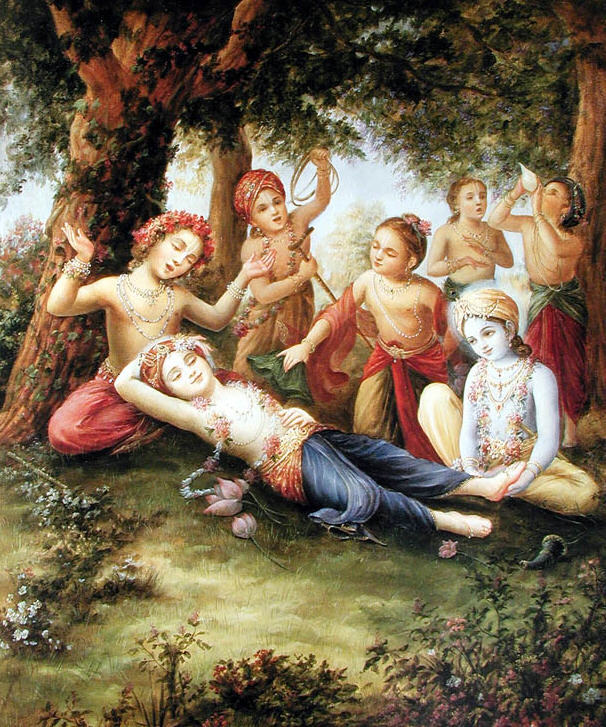 A traditional devotional painting of Krishna and His cowherd-boy friends resting together beneath a tree in Vraja, used on gaudiyahistory.iskcondesiretree.com's biography page to evoke Kaliya Krishna Dasa's identity as the cowherd boy Lavan