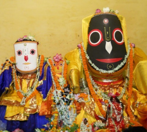 The Deities of Jagannatha, Baladeva and Subhadra Mayi as worshiped at Mahesha, the very Deities Dhruvananda recovered from the Ganges and handed over to Kamalakara Pippalai's care.