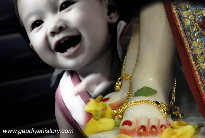 An illustrative composite made for this exact story by the ISKCON-affiliated Gaudiya History site, combining a laughing infant's face with a close-up of a Deity's toe and foot — a direct visual reference to Sri Chaitanya-charitamrita, Antya