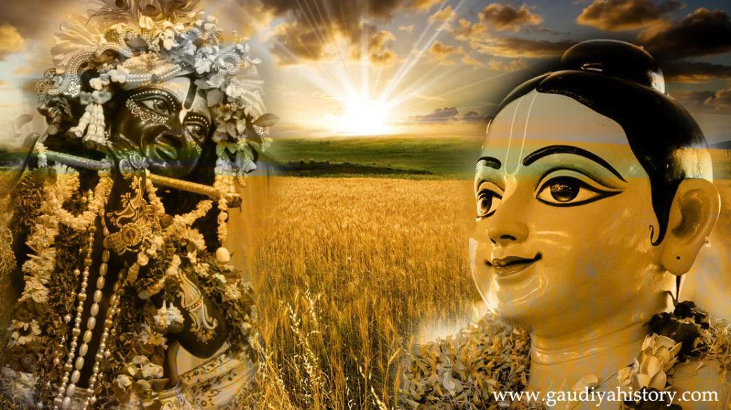 A devotional composite of Krishna playing the flute over a golden wheat field at sunrise, evoking the pastoral Vrindavana pastimes — Krishna with the cows and cowherd boys — that Kavi-karnapura's Ananda-vrindavana-champu describes at length