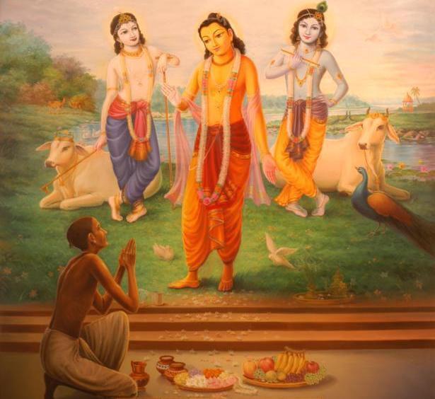 Devotional painting of Kholavecha Shridhara kneeling in prayer with an offering of fruit and flowers, before Sri Chaitanya Mahaprabhu revealing His four-armed Krishna-Balarama form, flanked by Balarama and Krishna with a cow and peacock nea
