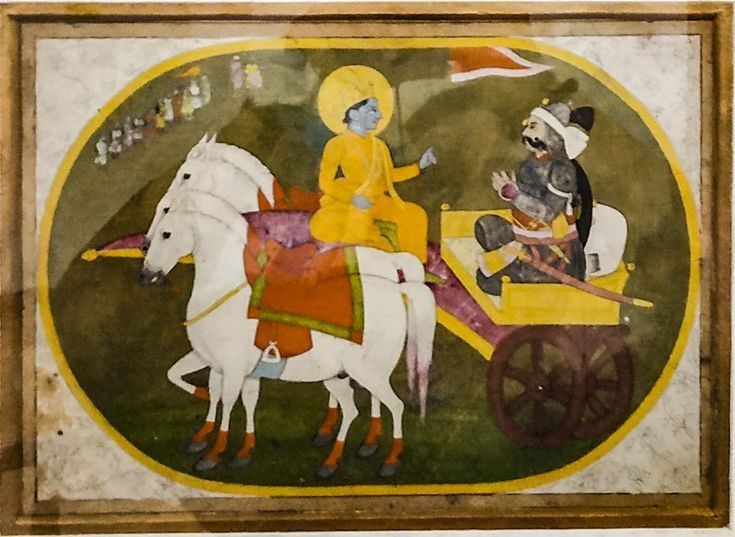 An early 19th-century Kangra School painting depicting Krishna instructing Arjuna on the battlefield of Kurukshetra, the setting of the Bhagavad-gita.
