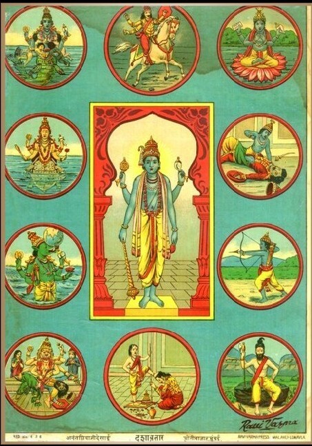 A traditional painting of the Dashavatara, the ten principal incarnations of Godhead — the same incarnations Srimad-Bhagavatam 1.3.28 identifies as plenary portions, distinct from Krishna, bhagavan svayam.