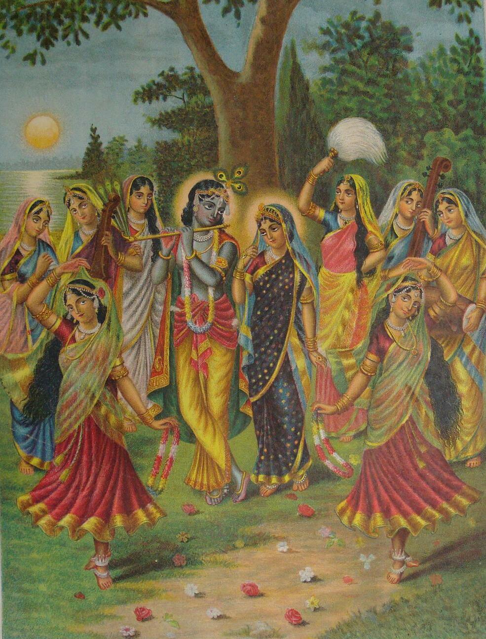 A traditional devotional painting of Radha and Krishna together with their eight principal confidential associates (ashta-sakhi) — the madhurya-rasa devotional mood Rupa Goswami's Bhakti-rasamrita-sindhu systematizes.
