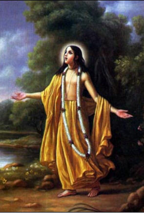Traditional devotional painting of Sri Chaitanya Mahaprabhu in the ecstatic mood of His South India preaching tour, arms outstretched in kirtana.