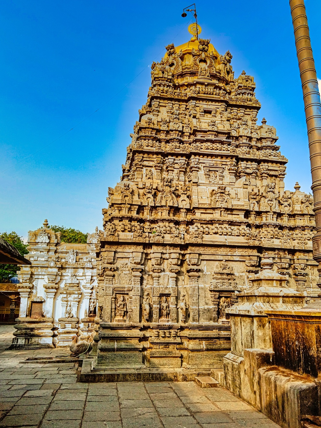 Close view of the carved stone vimana tower of the Kurmanatha Swamy temple at Srikurmam, the temple town where Mahaprabhu gave Kurma the instruction to become a guru.