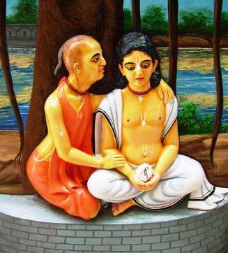 A traditional Gaudiya Vaishnava painting of an elder Vaishnava placing a hand of blessing on a young devotee beside a river, in the devotional style used throughout gaudiyahistory.iskcondesiretree.com's account of Lochana Dasa Thakura's lif
