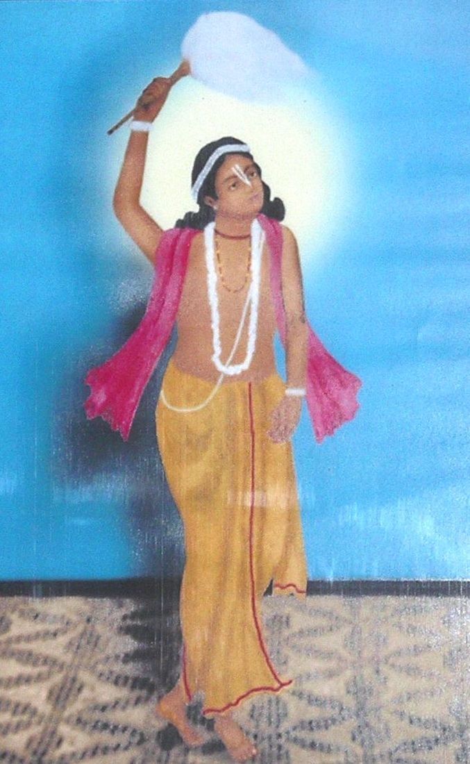 A traditional Gaudiya Vaishnava painting of a Vaishnava attendant holding a camara (yak-tail whisk), evoking Narahari Sarkara Thakura's personal service of fanning Sri Chaitanya Mahaprabhu during kirtana — illustrative art rather than a doc