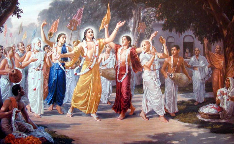 A devotional painting of Sri Chaitanya Mahaprabhu leading sankirtana with His associates, illustrating the sankirtana movement narrated at length in Sri Chaitanya-mangala.