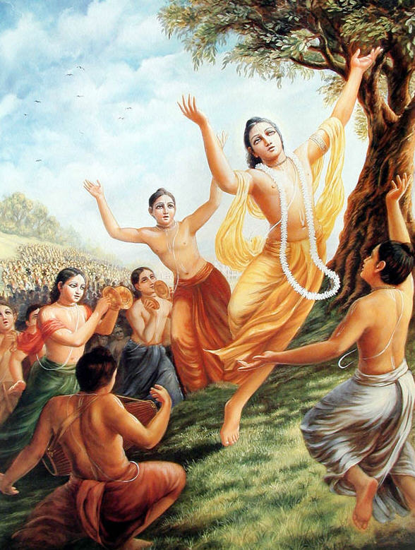 A devotional painting of Nityananda Prabhu dancing in sankirtana ecstasy beneath a tree, evoking Lochana Dasa Thakura's songs Nitai Gunamani and Akrodha Paramananda, which describe Nitai wandering from door to door distributing the holy nam