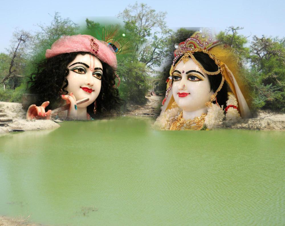 Devotional composite image of Sri Sri Radha-Krishna evoking the Radha-Vinoda Deity's revelation to Lokanatha Gosvami from the waters of Kishori-kunda.