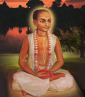 A traditional devotional portrait painting of Srila Narottama Dasa Thakura, the disciple Lokanatha Gosvami initiated after a year of hidden service.