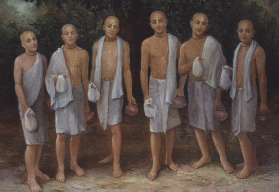 Traditional Gaudiya Vaishnava painting of the mendicant Goswamis of Vrindavana walking together on madhukari alms-gathering, evoking the community of renunciants Lokanatha Gosvami joined in Vraja.