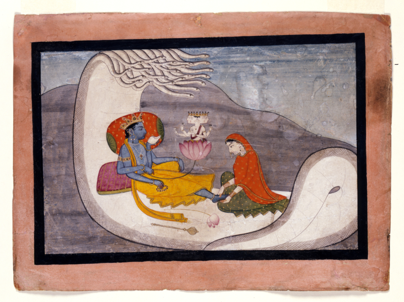 An 18th-century Guler-style painting from the Walters Art Museum showing Vishnu reclining on the serpent Ananta, with Brahma seated on the lotus that grows from His navel.
