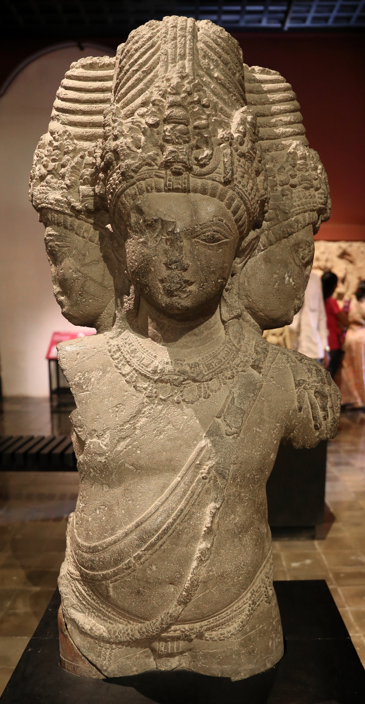 A stone sculpture of Brahma, dated by the photographer to around 550 CE, held in the Chhatrapati Shivaji Maharaj Vastu Sangrahalaya museum, Mumbai.
