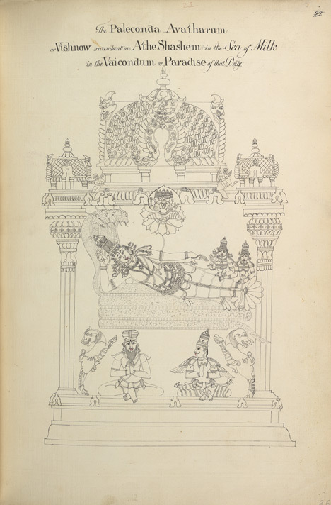 An 1801 pen-and-ink sketch of Vishnu reclining on the serpent Ananta with Brahma seated on the lotus from His navel — the same form of the Deity Sri Chaitanya Mahaprabhu is said to have seen at the Adi-keshava temple in South India.