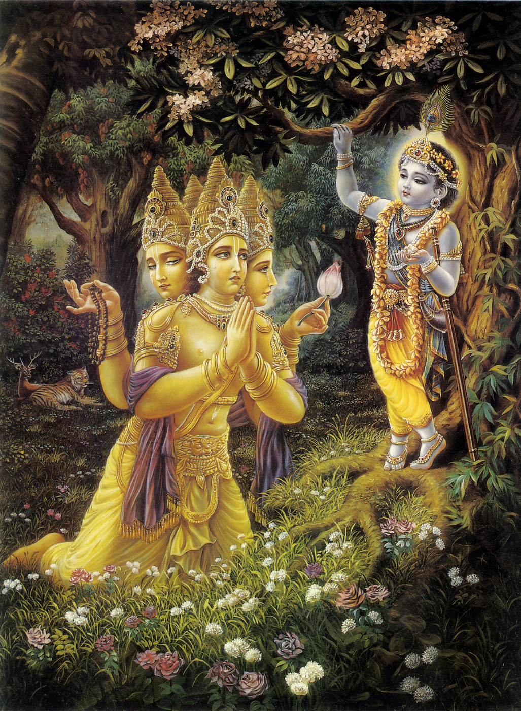 A devotional painting of Brahma offering prayers to Krishna after realizing that the cowherd boy he had tested is the Supreme Personality of Godhead.