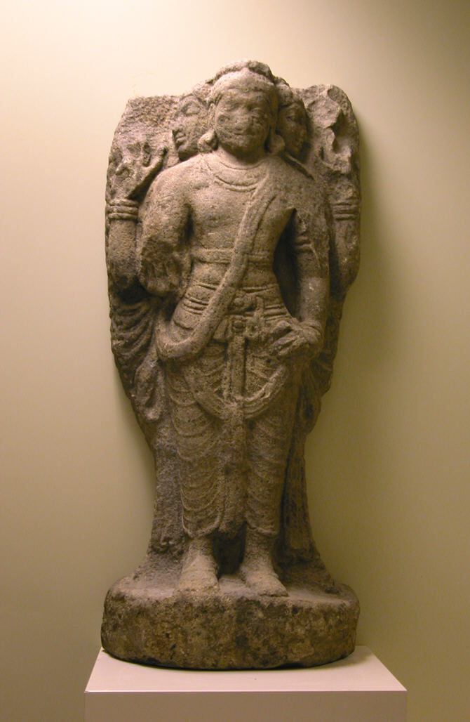 A standing stone figure of Brahma from South India, held in the Metropolitan Museum of Art.