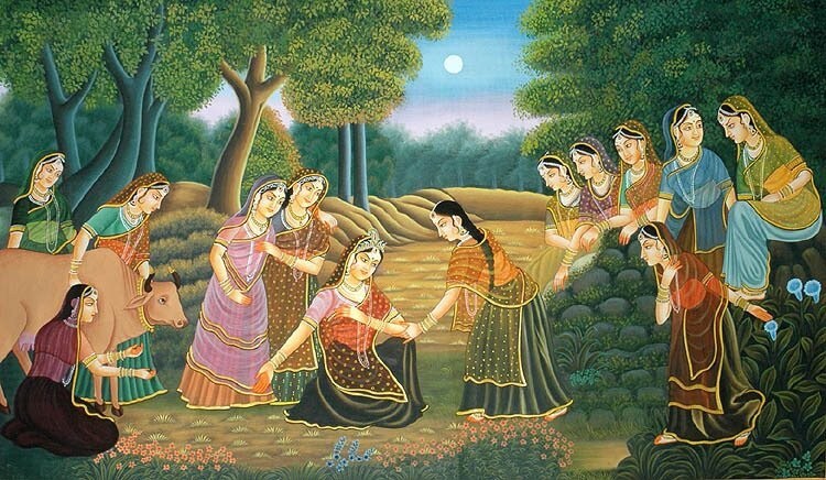 A traditional painting of Srimati Radharani and Her gopi companions, illustrating the tradition that identifies Madhavi Devi as one of Radharani's own assistants, named Kalakeli.