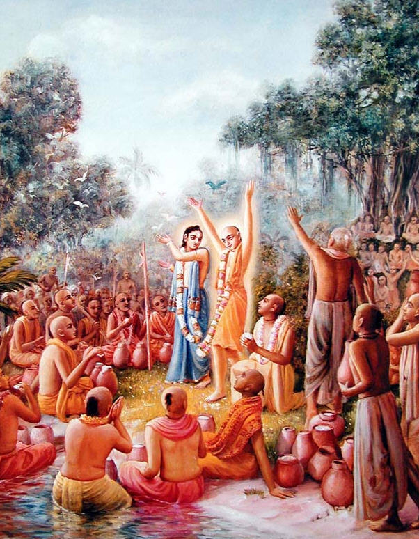 Traditional devotional painting of Sri Nityananda Prabhu's Chira-dadhi Mahotsava at Panihati, the festival of chipped rice and yogurt at which Mahesh Pandit's presence is recorded.