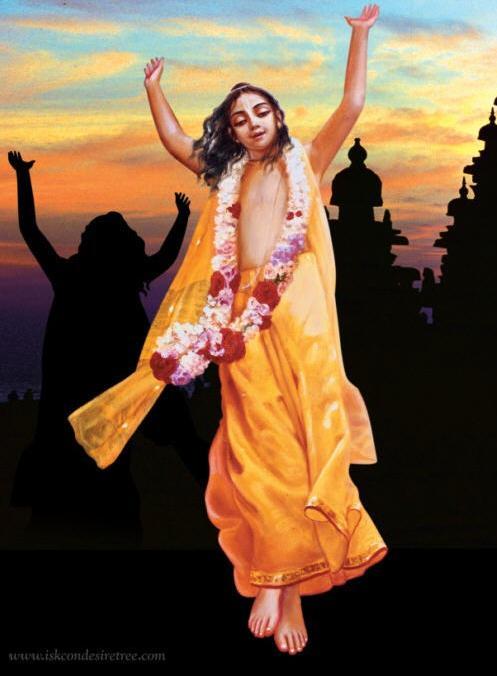 A traditional devotional painting of Minaketana Rama Dasa dancing in ecstatic love, arms raised, before a temple skyline at dusk.
