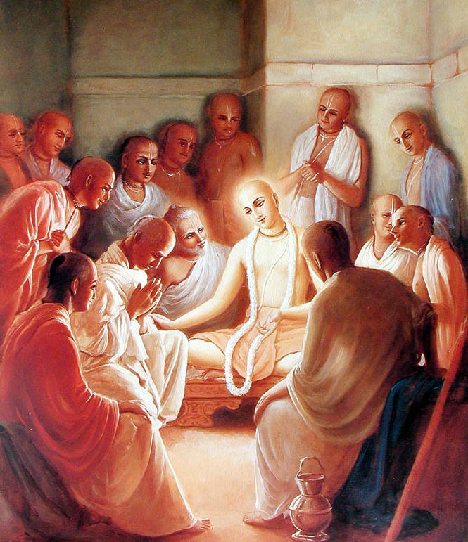 Traditional painting of Sri Chaitanya Mahaprabhu blessing devotees gathered around Him one by one, evoking the maha-prakasha-lila at Srivasa Angana where Mukunda Datta was, for a time, left standing outside.