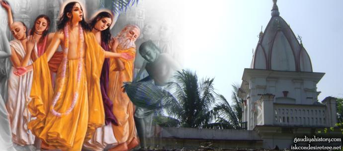 Traditional painting of Sri Chaitanya Mahaprabhu and His associates, representing the community of Chittagong-born Vaishnavas, including Mukunda Datta, who gathered in Navadvipa around Advaita Acharya and Srivasa Pandita.