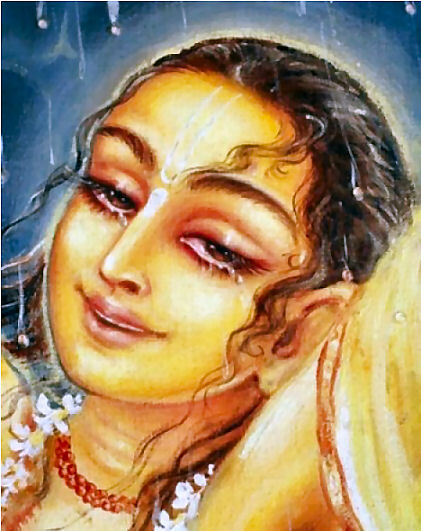 Traditional close portrait of Sri Chaitanya Mahaprabhu, used here to close the account of the devotee whose singing, tradition says, the Lord could never resist.