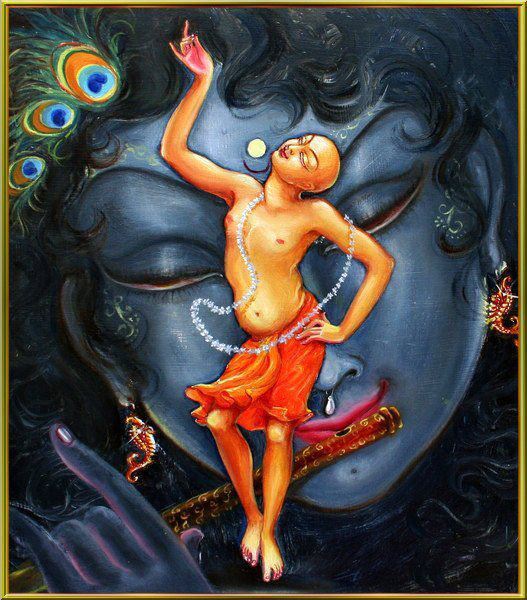 Traditional devotional artwork of a singer dancing in ecstasy, captioned as Mukunda Datta on Gaudiya History's biography of him.