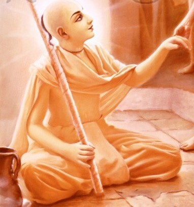 Traditional painting of a young sannyasi seated with his danda (staff), evoking Sri Chaitanya Mahaprabhu's sannyasa and the breaking of His staff at Jaleshvara, which Mukunda Datta witnessed.