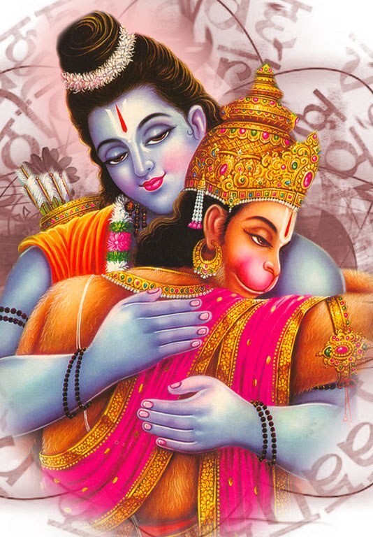 Devotional painting of Lord Ramachandra embracing Hanuman - the traditional identification of Murari Gupta, whom Gaudiya Vaishnava tradition holds to be Hanuman in his eternal spiritual identity.