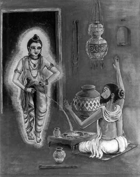 Traditional devotional painting of the young Nimai Pandita (Sri Chaitanya Mahaprabhu) appearing at Murari Gupta's doorway during the lunch-table prank described in Lochana Dasa Thakura's Chaitanya-mangala.
