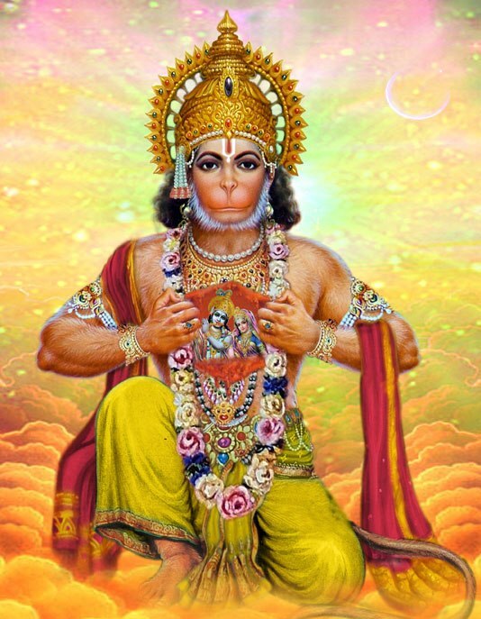 Devotional artwork of Hanuman holding an image of Radha and Krishna to his heart - representing Murari Gupta's identity as an eternal associate whose own Kadaca preserved his eyewitness memory of Sri Chaitanya Mahaprabhu.