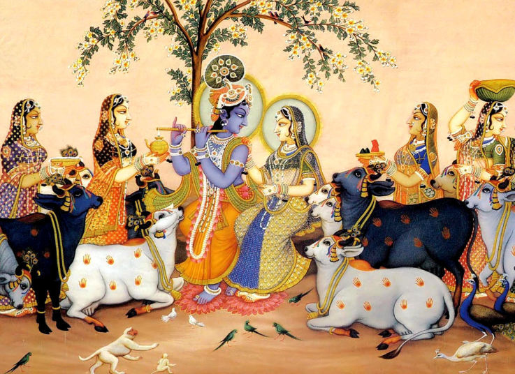 A traditional painting of Sri Sri Radha Krishna with Their gopi companions and cows - general devotional art illustrating the Puri devotees' own remembrance of Krishna-lila, not a specific portrait of Murari Mahiti.