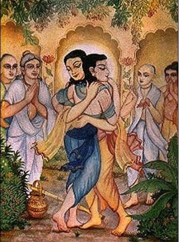 Traditional devotional painting of Sri Chaitanya Mahaprabhu embracing Nityananda Prabhu at their reunion, with devotees looking on, at Nandana Acharya's house in Navadvipa.