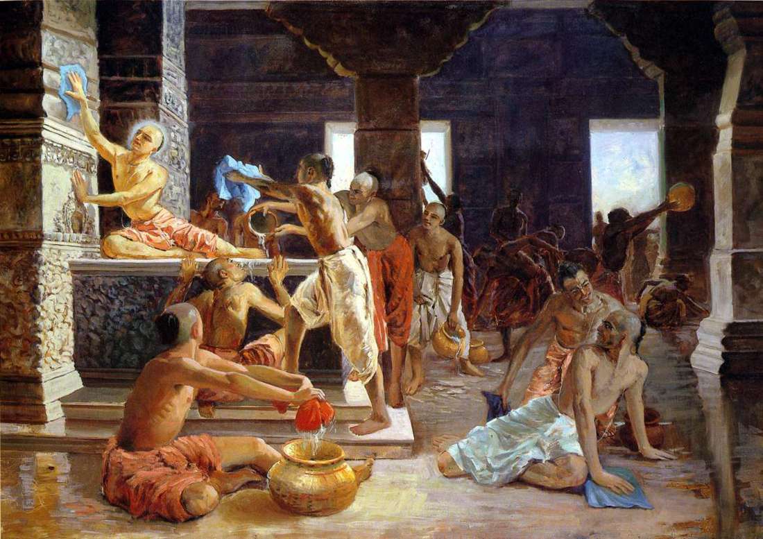 Traditional devotional painting of the annual cleaning of the Gundicha temple at Puri, one of the sevas in which Nandana Acharya is recorded as a participant.