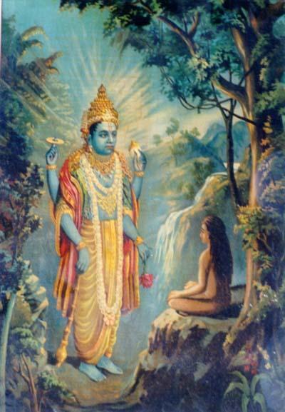 Raja Ravi Varma's painting of the boy Dhruva Maharaja meditating in the forest, undertaking the austerities Narada Muni had prescribed for him.