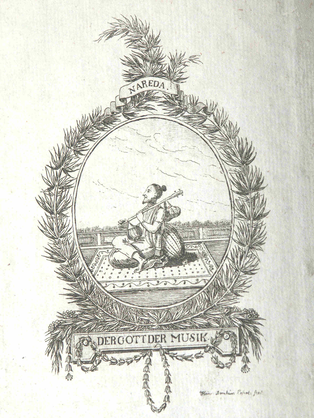 An old European engraved portrait of Narada Muni playing the vina, captioned in German "Der Gott der Musik" (the god of music).