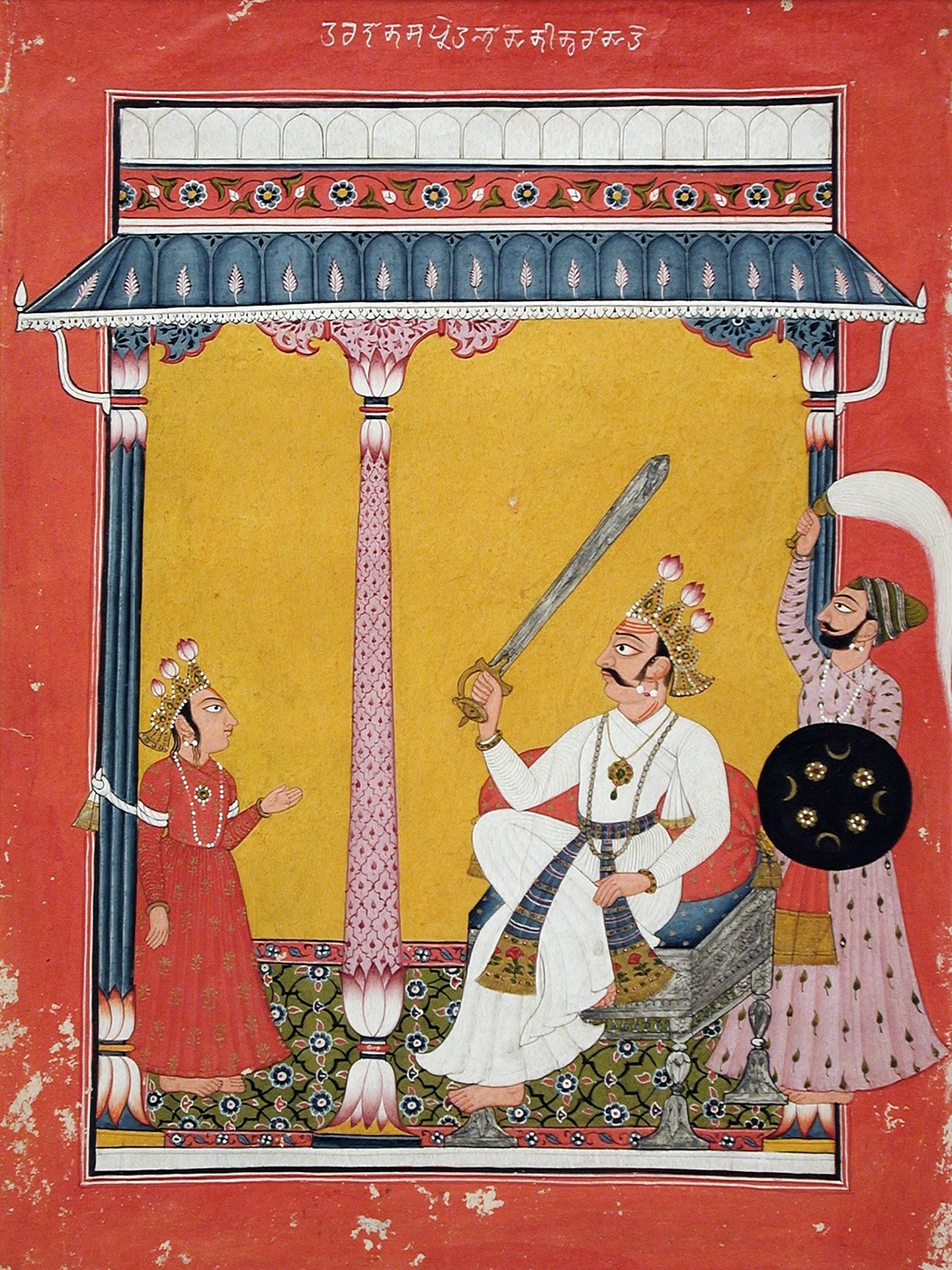 An 18th-century Bhagavata Purana manuscript folio (Mankot, circa 1725) showing Hiranyakashipu threatening the boy Prahlada Maharaja — the same demon-king hostility from which Narada Muni had once protected Prahlada's mother, Kayadhu, and he