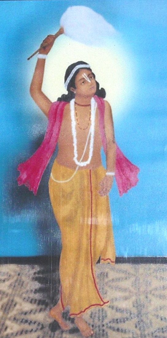 Traditional devotional painting of Srila Narahari Sarkar Thakura fanning Sri Chaitanya Mahaprabhu with a camara, his own personal service.