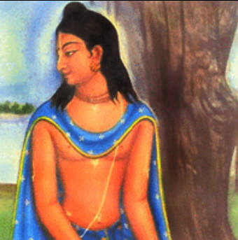 Traditional devotional painting of Srila Narahari Sarkar Thakura in his youth, seated in a riverside grove at Srikhanda.
