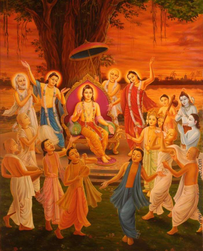Traditional devotional painting of Sri Chaitanya Mahaprabhu seated amid His associates in sankirtana, the kind of gathering in which the Srikhanda Vaishnavas, including Narahari Sarkar Thakura, took part at festivals such as Ratha-yatra.