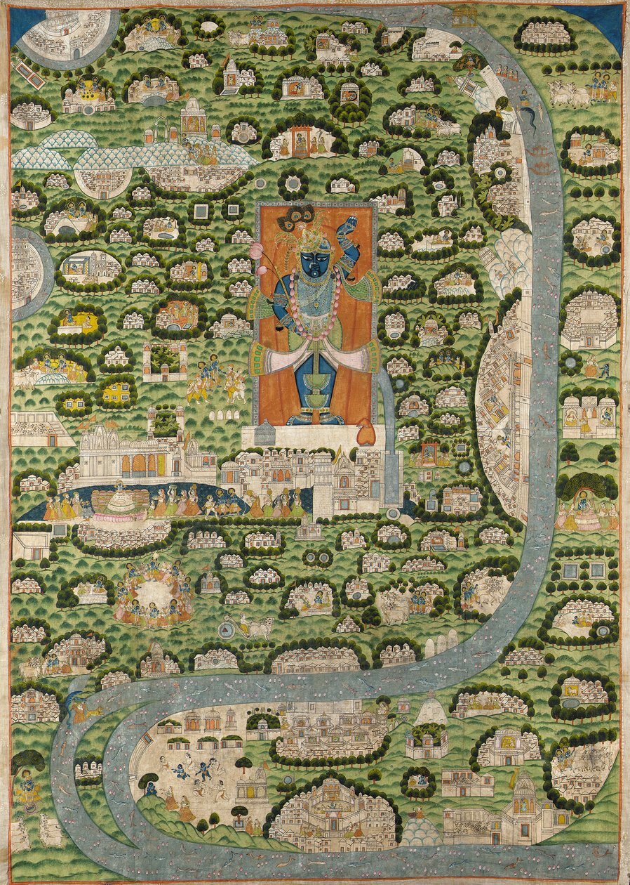 A traditional Indian pichhavai painting illustrating the Vraj Parikrama Jatra, the pilgrimage route first laid out in detail in Narayana Bhatta Goswami's Vraja-bhakti-vilasa.