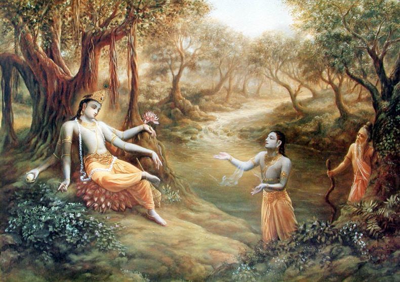 A devotional painting of Lord Krishna with Uddhava and the sage Maitreya, illustrating the Gaura-ganoddesha-dipika's identification of Paramananda Puri as Uddhava returned.