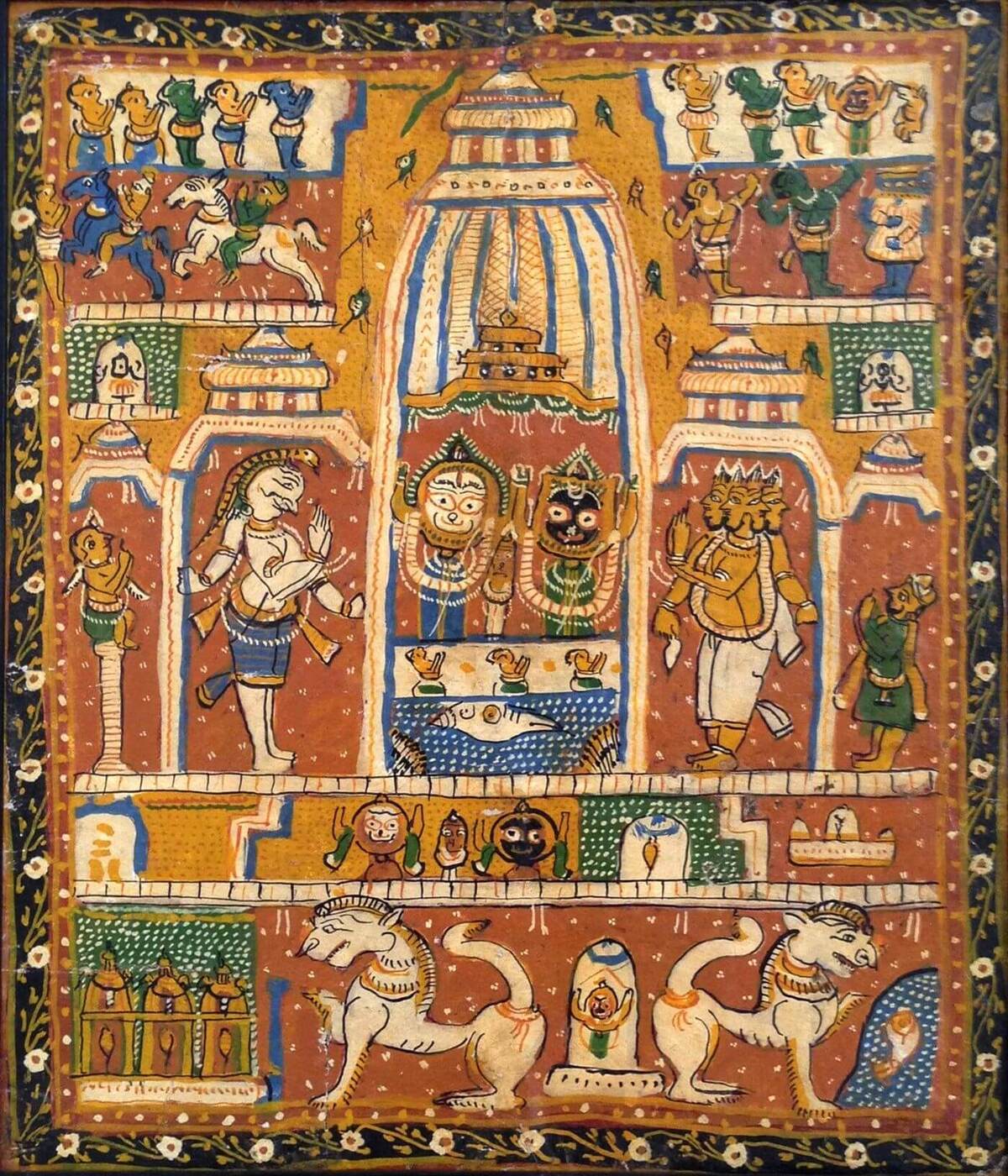 A traditional pata (cloth scroll) painting of the Deities enshrined in the Jagannatha Temple, Puri - Lord Jagannatha, Baladeva and Subhadra - depicting the setting where Parameshvara Modaka traveled to meet Sri Chaitanya Mahaprabhu again as
