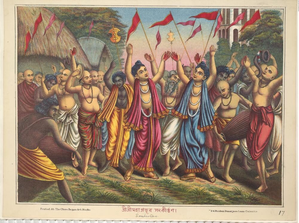Mahaprabhu and Nityananda leading nagara-sankirtana through the streets of Nabadwip.