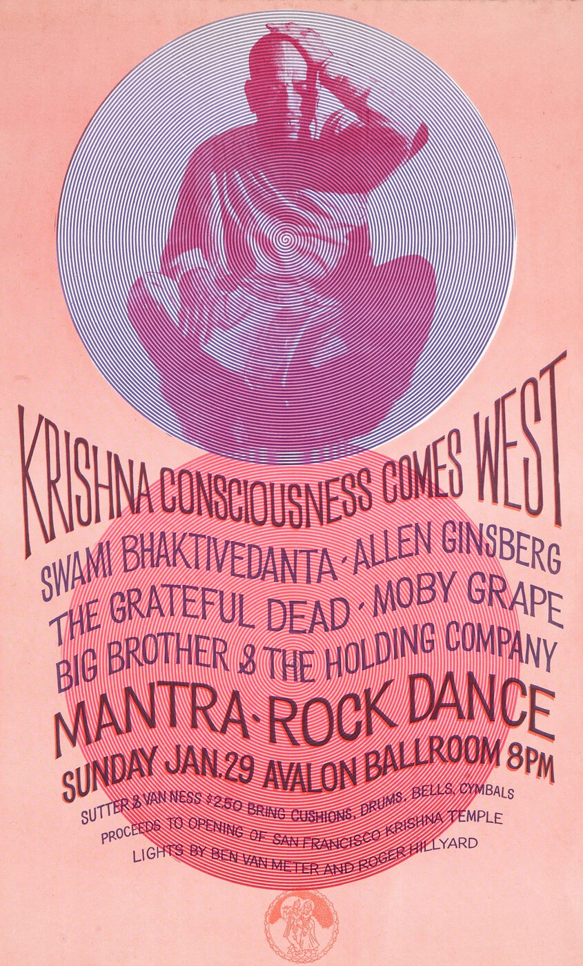 Promotional poster for the 1967 'Mantra-Rock Dance' at the Avalon Ballroom, San Francisco - the benefit concert with the Grateful Dead and Janis Joplin that helped fund and launch Srila Prabhupada's first American temple.